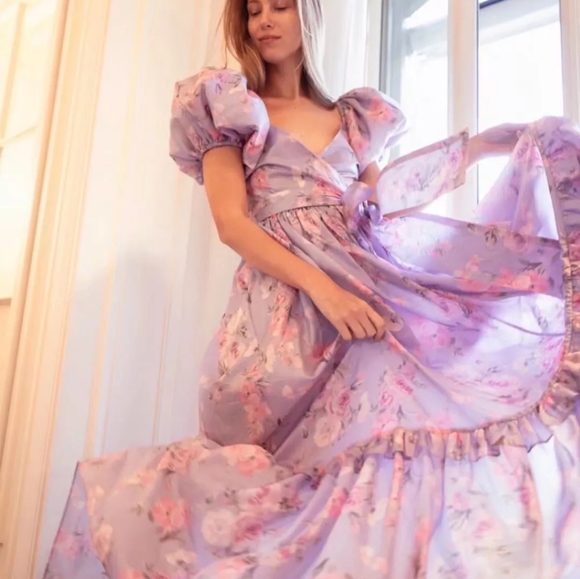 Lilac Floral Puff Sleeve High Waist Surplice Maxi Dress with Bow - Picture 5 of 16